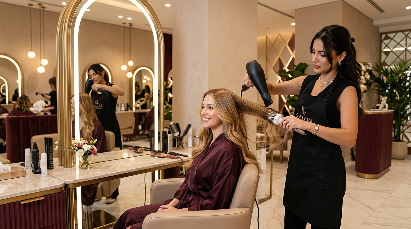 Professional Hairstylist Styling Client Hair in Dubai Salon